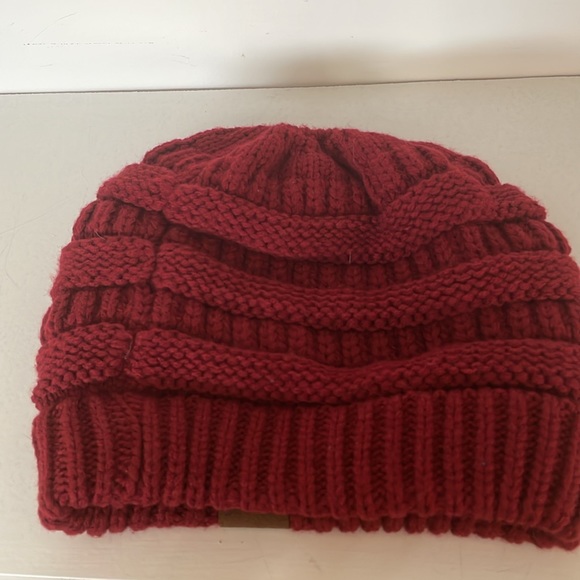 C.C. Exclusives Dark Red Maroon Color Knit Beanie with Ponytail Opening - Picture 11 of 11